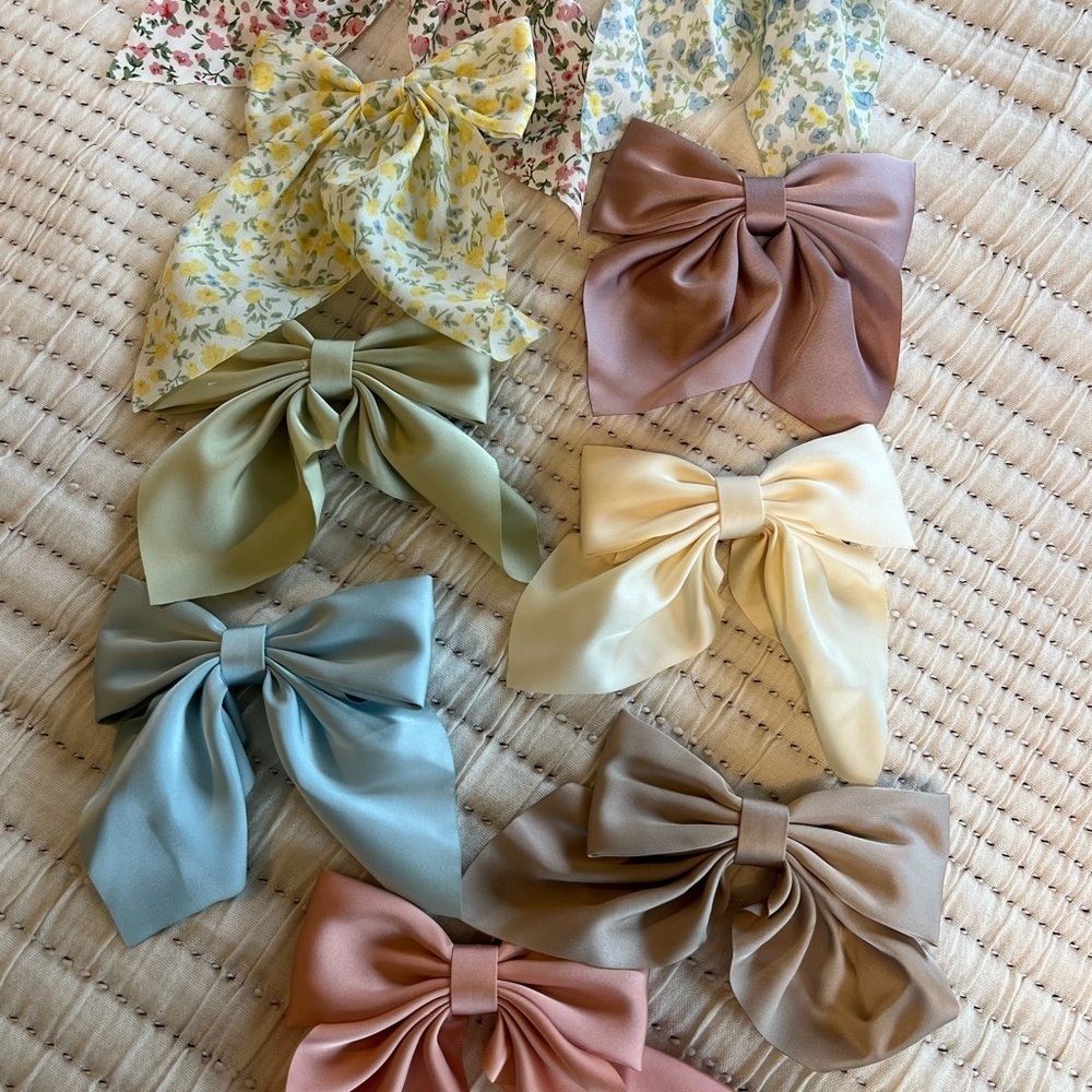 Soft Sage and Dusty Rose Fabric Hair Bows with Floral Patterns - Picture 1 of 5